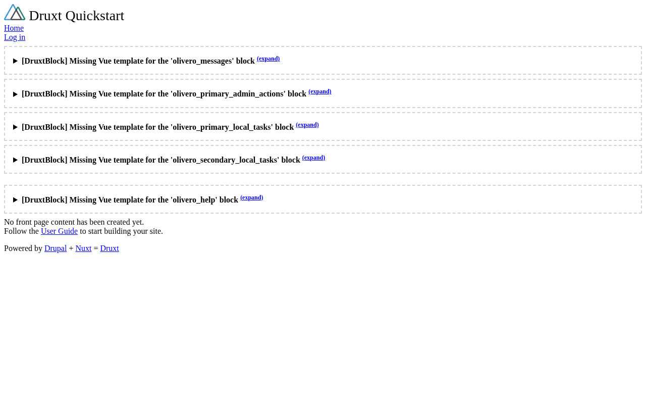 The fresh quickstart frontend, with the site name and menu above dashed dev-mode placeholders and Drupal's no-front-page-content message